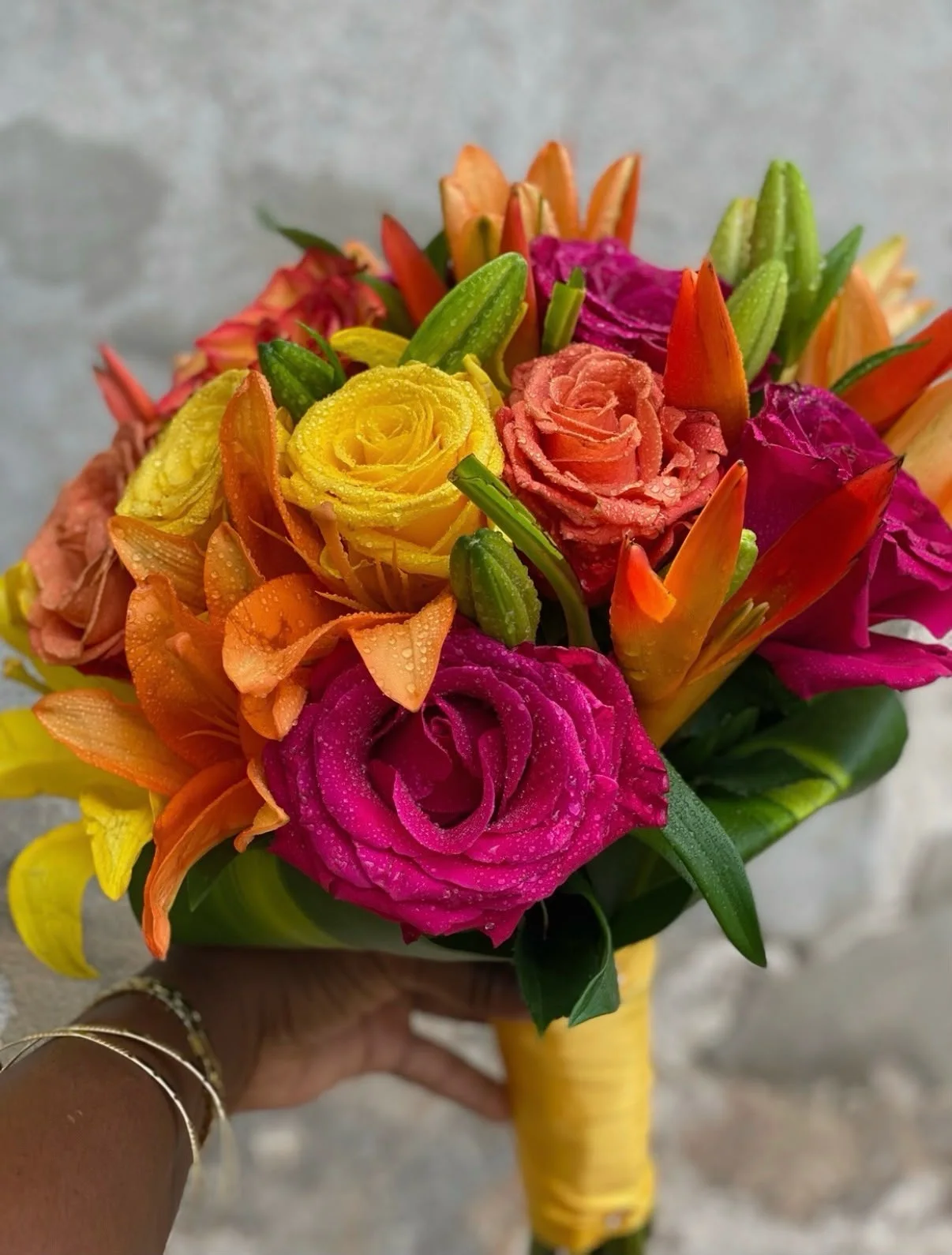 Hand-tied bouquet of bright tropical flowers made in Barbados